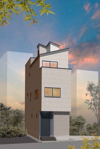 画像：外観イメージパース。グレーを基調に落ち着いた都会的なデザインです。